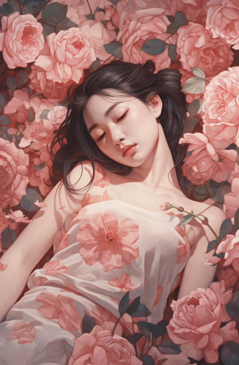 玫瑰花海躺着女孩花唯美背景,插画/手绘图,插画/手绘图库,插画/手绘图下载,插画/手绘